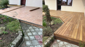 prístavba terasy k domu, pred a po, realizácia drevej terasy