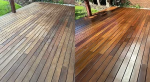Obnova vzhľadu drevenej terasy, renovácia drevenej terasy, výsledok renovacie terasy pred a po